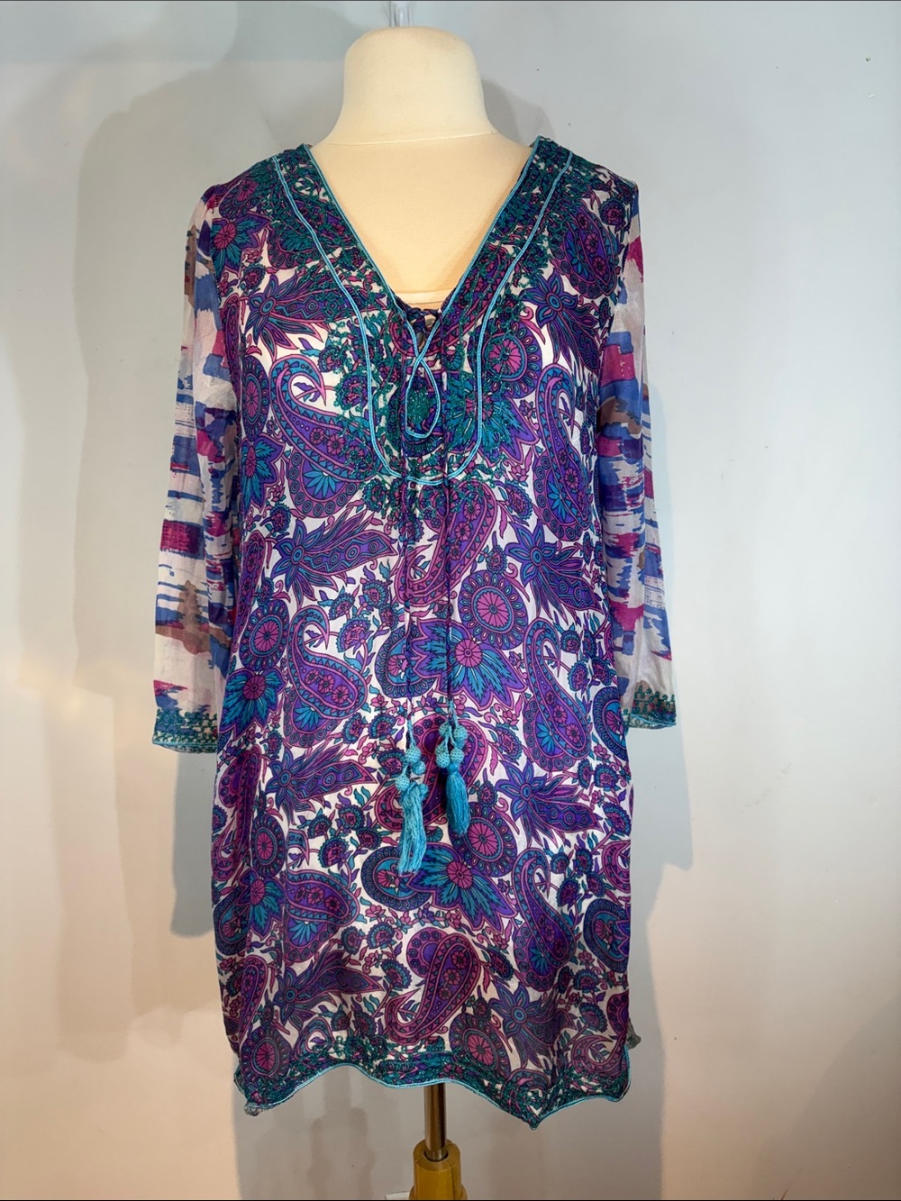Derhy Paris 100% Silk Boho Tunic Dress M Purple Paisley Tassel Sheer Sleeve